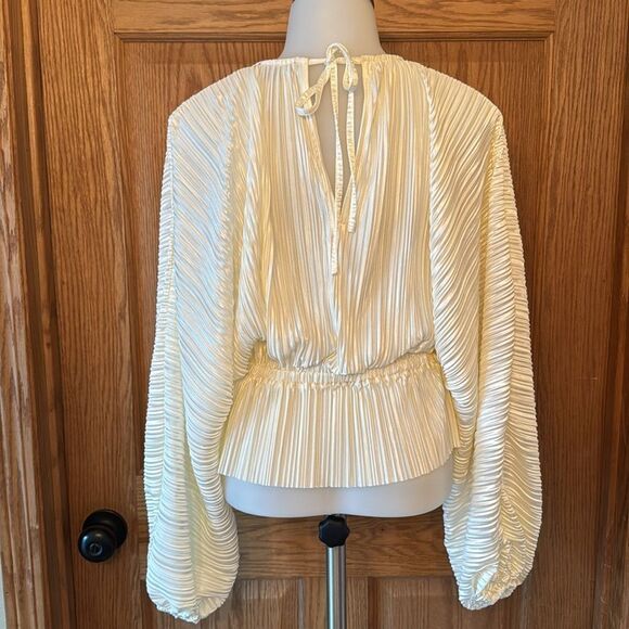 LULUS Radiant Flirt Ivory Satin Plisse Long Sleeve Top - Picture 9 of 12